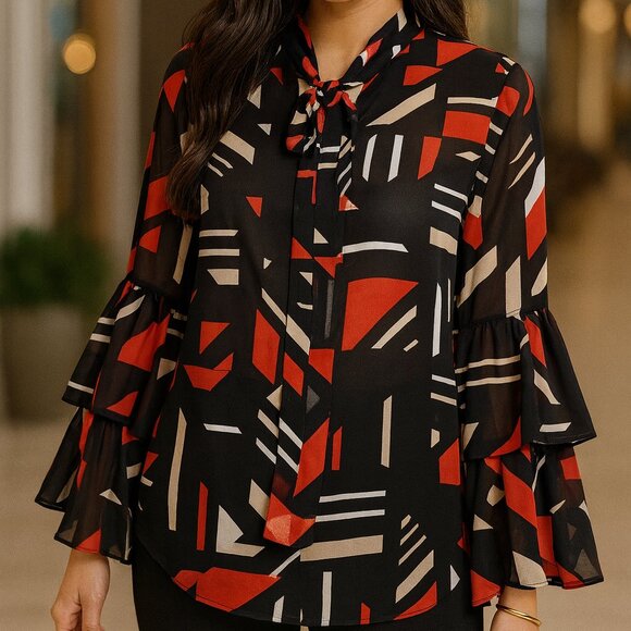 Calvin Klein Women's Long Double Ruffle Sleeve Tie Front Geometric Blouse Top - Picture 1 of 7
